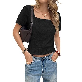 Womens Puff Short Sleeve Sweater Casual Summer Square Neck Pullover Tops Ribbed Knit Sweater Blouse