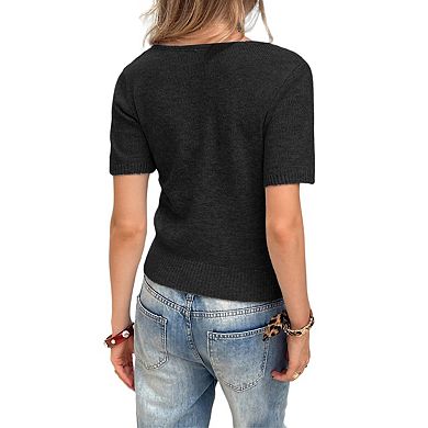 Womens Puff Short Sleeve Sweater Casual Summer Square Neck Pullover Tops Ribbed Knit Sweater Blouse