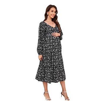 Women's Casual Maternity Dress Boho Floral V Neck Long Sleeve A Line Ruffle Hem Midi Dresses
