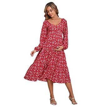 Women's Casual Maternity Dress Boho Floral V Neck Long Sleeve A Line Ruffle Hem Midi Dresses
