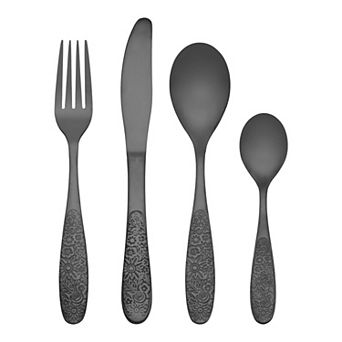 4 pc Silverware Set, Set for 1 Stainless Steel Floral Flatware, Set Includes Knife Fork Spoons