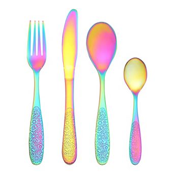 4 pc Silverware Set, Set for 1 Stainless Steel Floral Flatware, Set Includes Knife Fork Spoons