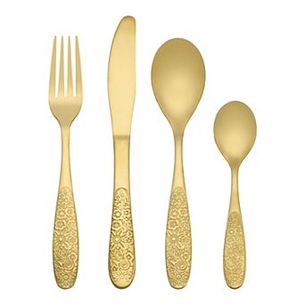 4 pc Silverware Set, Set for 1 Stainless Steel Floral Flatware, Set Includes Knife Fork Spoons