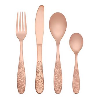 4 pc Silverware Set, Set for 1 Stainless Steel Floral Flatware, Set Includes Knife Fork Spoons