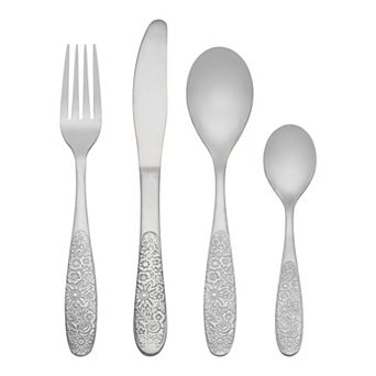 4 pc Silverware Set, Set for 1 Stainless Steel Floral Flatware, Set Includes Knife Fork Spoons