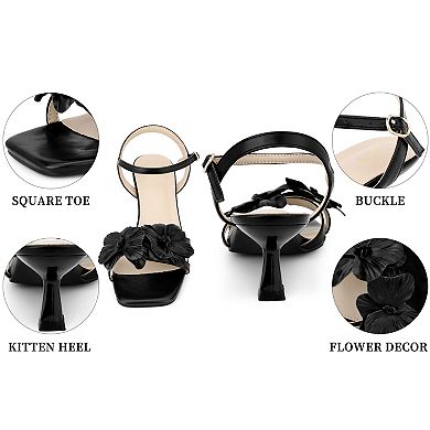 Women's Flower Square Toe Ankle Strap Kitten Heel Sandals