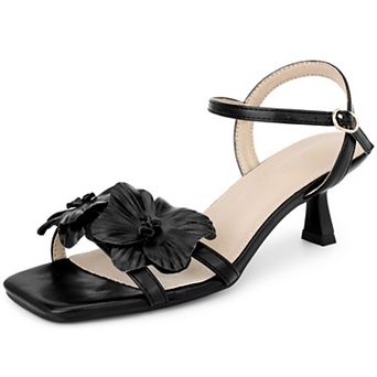 Women's Flower Square Toe Ankle Strap Kitten Heel Sandals