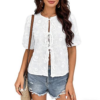 Women's Round Neck Puff Short Sleeve Floral Embroidered Tie Front Blouse Tops