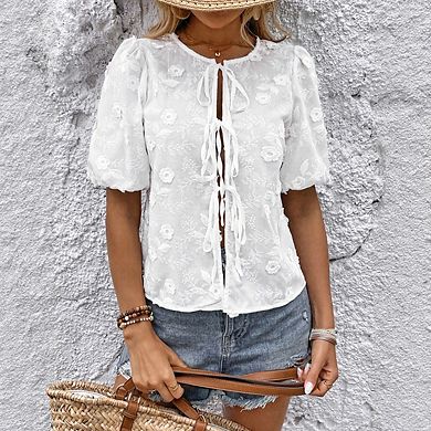 Women's Round Neck Puff Short Sleeve Floral Embroidered Tie Front Blouse Tops