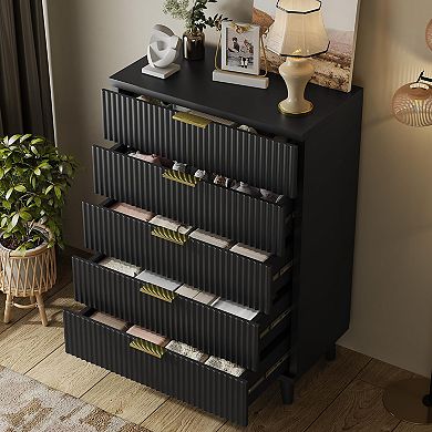 5 Drawer Modern Fluted Wood Dresser for Bedroom