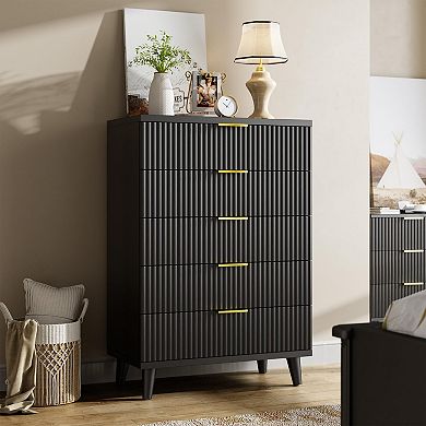 5 Drawer Modern Fluted Wood Dresser for Bedroom