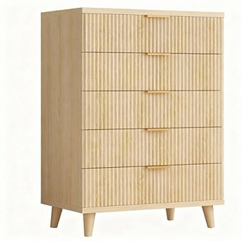 5 Drawer Modern Fluted Wood Dresser for Bedroom