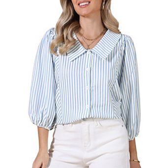 Button Down Striped Shirt Dressy Casual Blouse for Women Ruffled Sleeve Summer Babydoll Tops