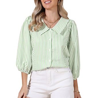 Button Down Striped Shirt Dressy Casual Blouse for Women Ruffled Sleeve Summer Babydoll Tops