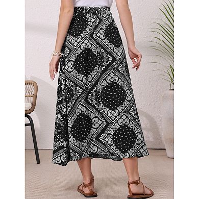 Summer Maxi Skirts for Women Paisley Print Elastic High Waist Boho Flowy Beach Skirt