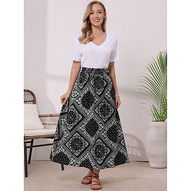 Summer Maxi Skirts for Women Paisley Print Elastic High Waist Boho Flowy Beach Skirt
