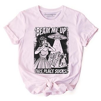 UFO Meme Beam Me Up This Place Sucks T-Shirt, Cynical Woman Alien Abduction Retro Comic Tee