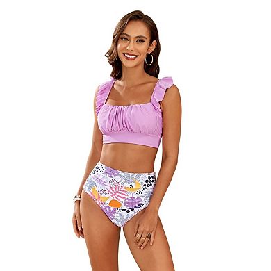 Womens High Waisted Bikini Sets Ruffle Tummy Control Swimsuits Full Coverage Two Piece Bathing Suit