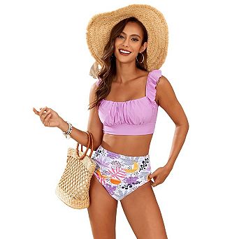Womens High Waisted Bikini Sets Ruffle Tummy Control Swimsuits Full Coverage Two Piece Bathing Suit