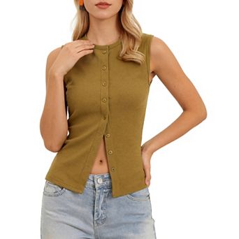 Button Down Tank Top for Women Ribbed Sleeveless Vest Crew Neck Open Front Casual Knit Tops