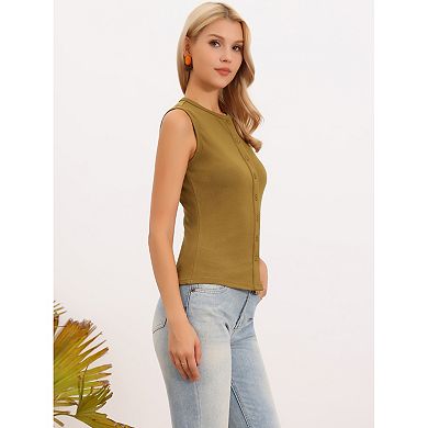 Button Down Tank Top for Women Ribbed Sleeveless Vest Crew Neck Open Front Casual Knit Tops