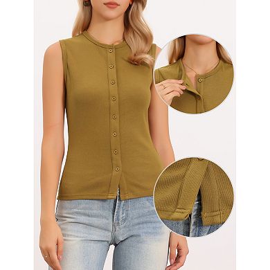 Button Down Tank Top for Women Ribbed Sleeveless Vest Crew Neck Open Front Casual Knit Tops