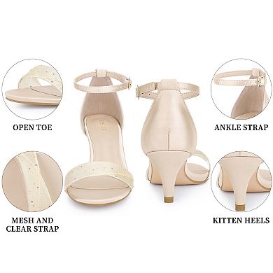 Women's Rhinestone Mesh Strap Ankle Strap Kitten Heel Sandals