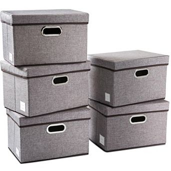 5-Pack Foldable Linen Fabric Storage Bins with Stainless Steel Handles