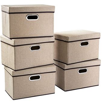 5-Pack Foldable Linen Fabric Storage Bins with Stainless Steel Handles