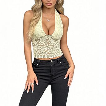 Women's Lace Halter Crop Tank Top Deep V Neck Sheer Floral Lace Blouse