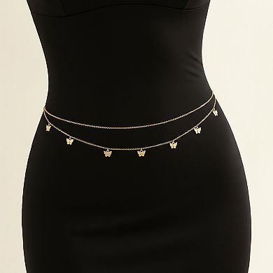Women's Double Layer Butterfly Chain Belt with Dainty Charms and Adjustable Fit 26.5+9.8in