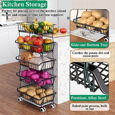 5 Tier Wire Basket Cart for Kitchen Storage