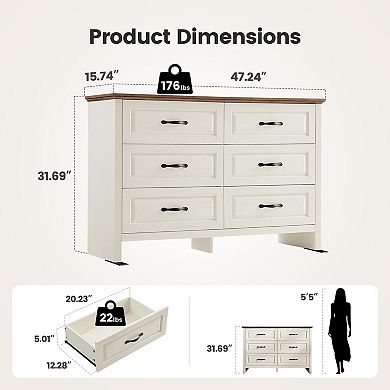 6-drawer country-style farmhouse, bedside table, drawer wardrobe