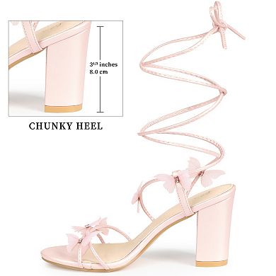 Women's Rhinestone Butterfly Lace Up Chunky Heel Sandals