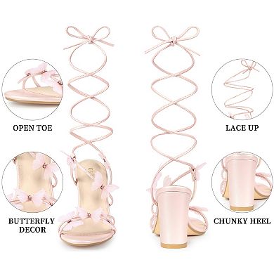 Women's Rhinestone Butterfly Lace Up Chunky Heel Sandals