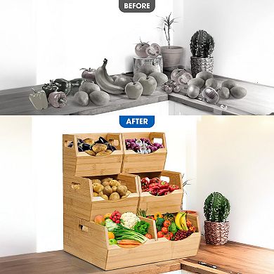3-Tier Stackable Bamboo Storage Bins for Kitchen
