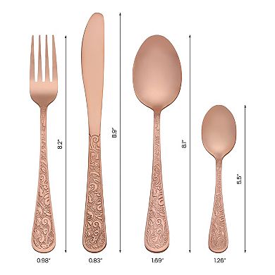 4 Piece Silverware Set, Stainless Steel Floral Flatware Set for 1, Set Includes Knife Fork Spoon