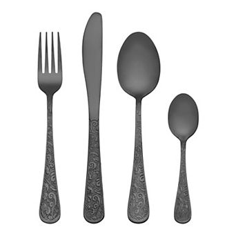 4 pc Silverware Set, Stainless Steel Floral Flatware Set for 1, Set Includes Knife Fork Spoon