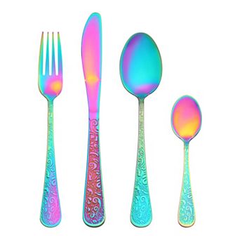 4 pc Silverware Set, Stainless Steel Floral Flatware Set for 1, Set Includes Knife Fork Spoon
