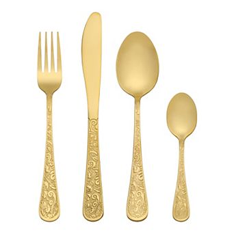 4 pc Silverware Set, Stainless Steel Floral Flatware Set for 1, Set Includes Knife Fork Spoon