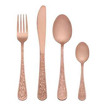 4 pc Silverware Set, Stainless Steel Floral Flatware Set for 1, Set Includes Knife Fork Spoon