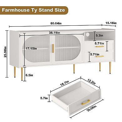 60" White Glass Door TV Stand with Drawers for 55-70" TVs