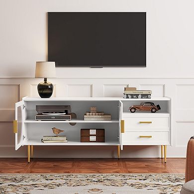 60" White Glass Door TV Stand with Drawers for 55-70" TVs