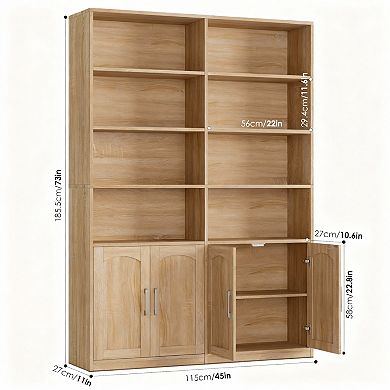 6-Tier Double Wide Oak Bookshelf with Doors for Home Office and Living Room
