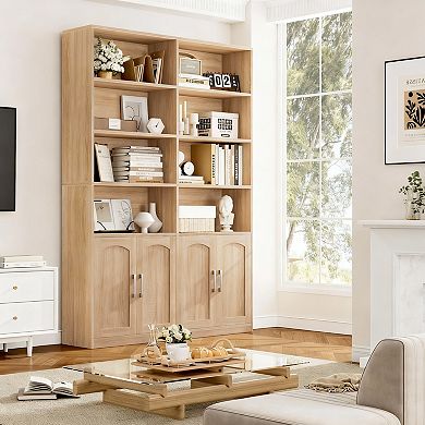 6-Tier Double Wide Oak Bookshelf with Doors for Home Office and Living Room