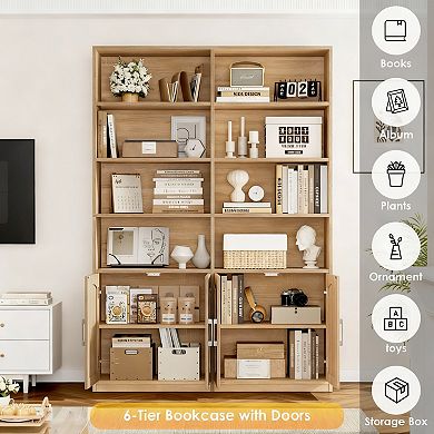 6-Tier Double Wide Oak Bookshelf with Doors for Home Office and Living Room