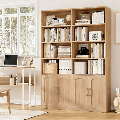 6-Tier Double Wide Oak Bookshelf with Doors for Home Office and Living Room