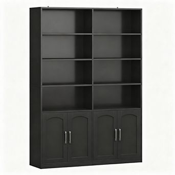 6 tier Double Wide Oak Bookshelf with Doors for Home Office and Living Room