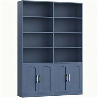 6 tier Double Wide Oak Bookshelf with Doors for Home Office and Living Room