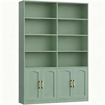 6 tier Double Wide Oak Bookshelf with Doors for Home Office and Living Room